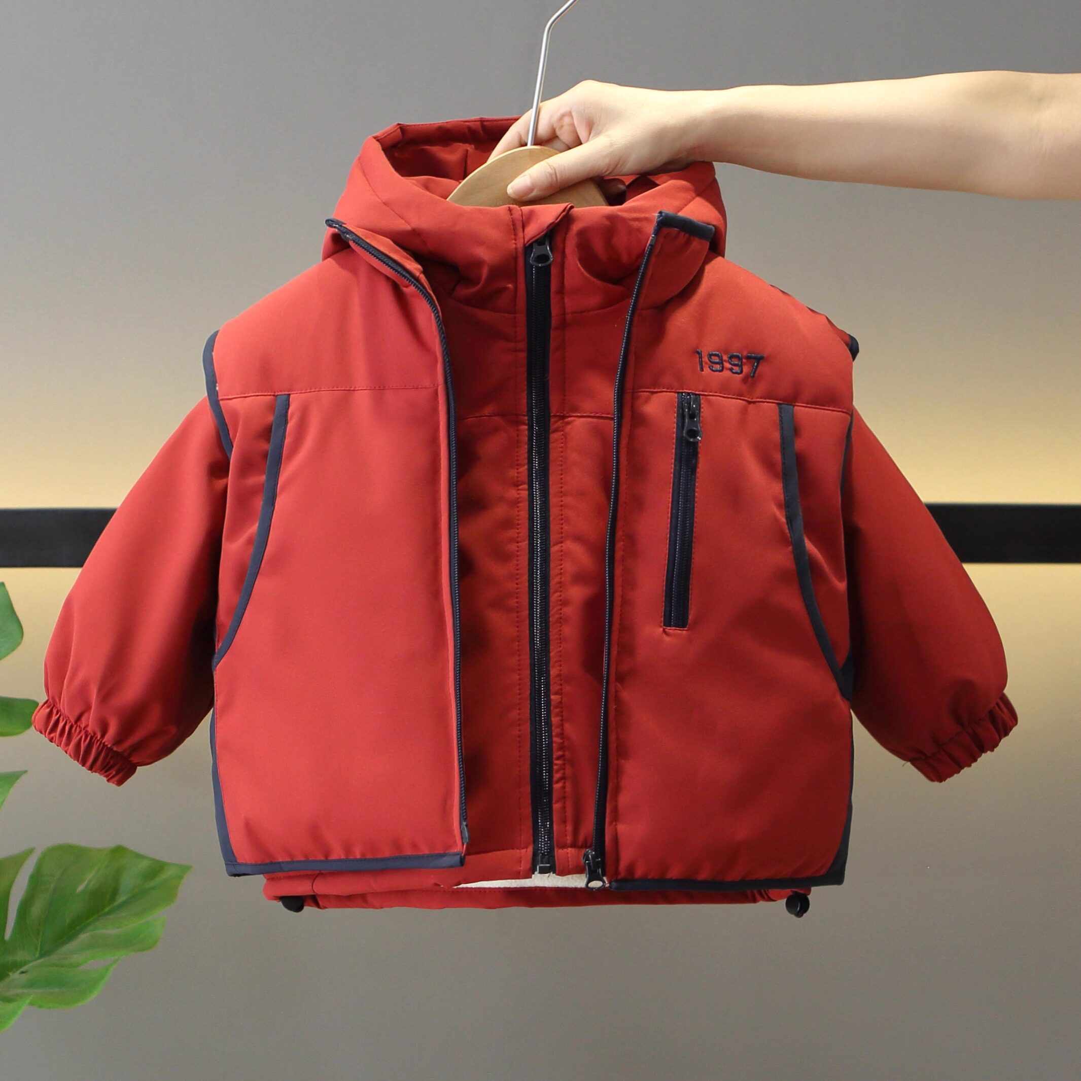 男童冬装棉服马甲两件套加绒加厚外套冬季宝宝2025新款红色酷帅潮