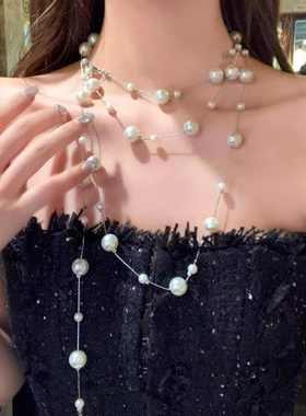 【蜜桃茶】香香千金 香槟金多层满天星珍珠项链女颈带毛衣链配饰
