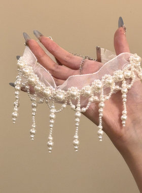 复古珍珠流苏蕾丝choker项链女高级感气质锁骨链颈链配饰