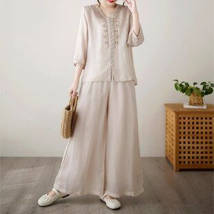 休闲短袖 棉麻阔腿裤 套装 新款 两件套V领 女士夏季 文艺复古时尚