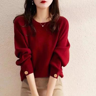 女装2024秋冬新款长袖圆领宽松套头外穿百搭红色针织蝙蝠衫上衣潮