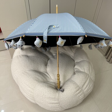 日系高颜值小熊玩偶吊坠复古小清新蓝色格子遮阳伞竹节木制长柄伞