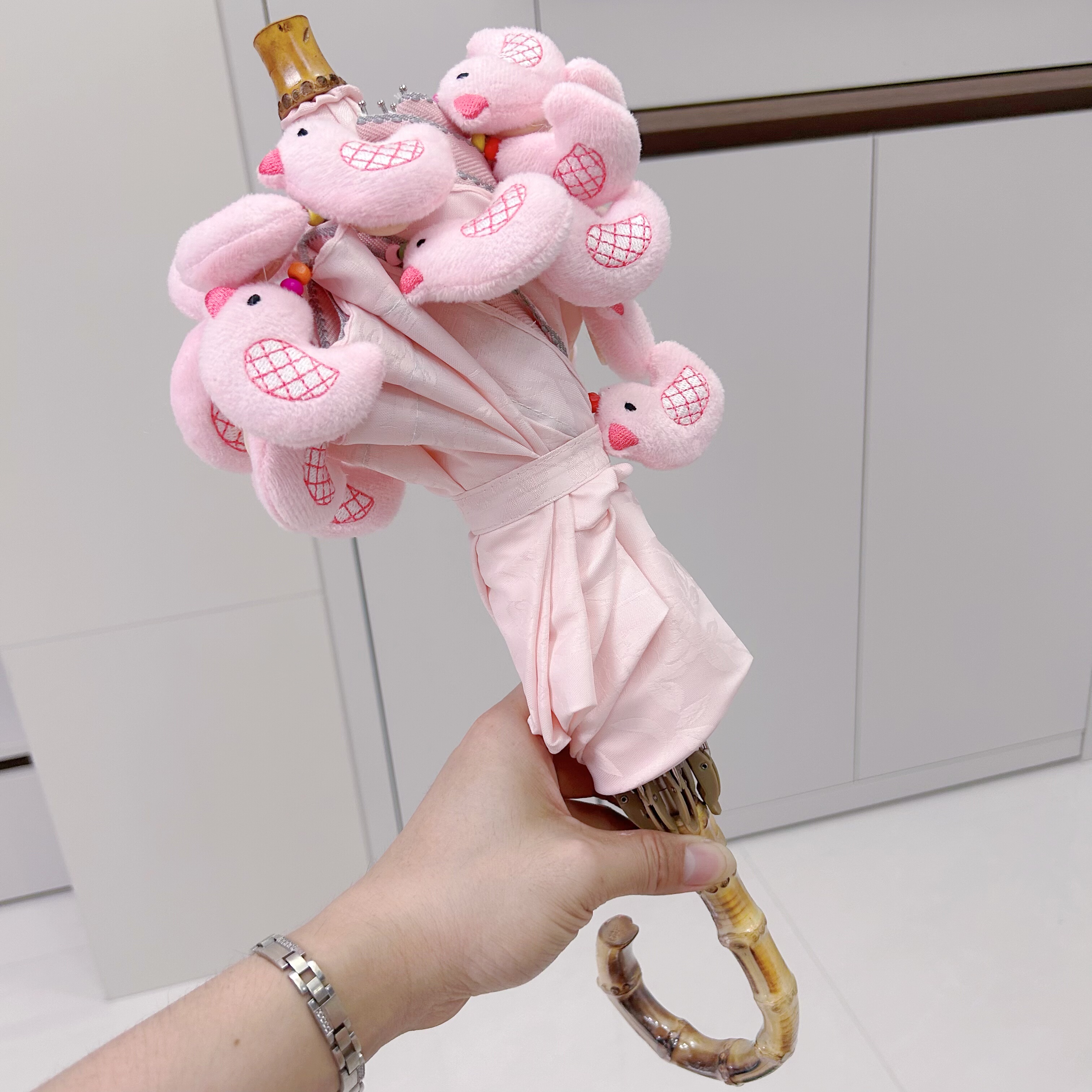 日系可爱小鸡玩偶粉色棉布二折伞手动防紫外线女竹柄防晒防紫外线