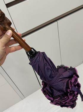 日系高颜值紫色棉布烧花荷叶边遮阳伞防紫外线晴雨两用狗头木手柄
