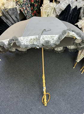 外贸单高颜值竹节灰色毛球防风手动木制长柄伞棉布遮阳伞防紫外线