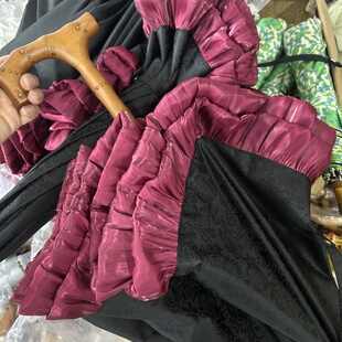 日系高级复古绢布烧花酒红色蕾丝花边木柄长柄伞防紫外线晴雨两用