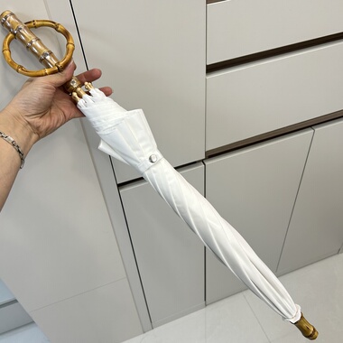 日系高颜值复古白色棉布小清新木制长柄伞防紫外线遮阳伞圆环竹柄