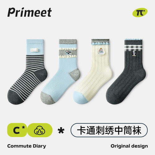 派米秋季可爱卡通刺绣无骨中筒袜