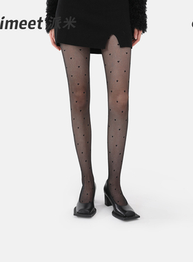 PRIMEET/派米爱心黑色丝袜女夏款甜美暗黑系JK纯欲风波点圆点丝袜