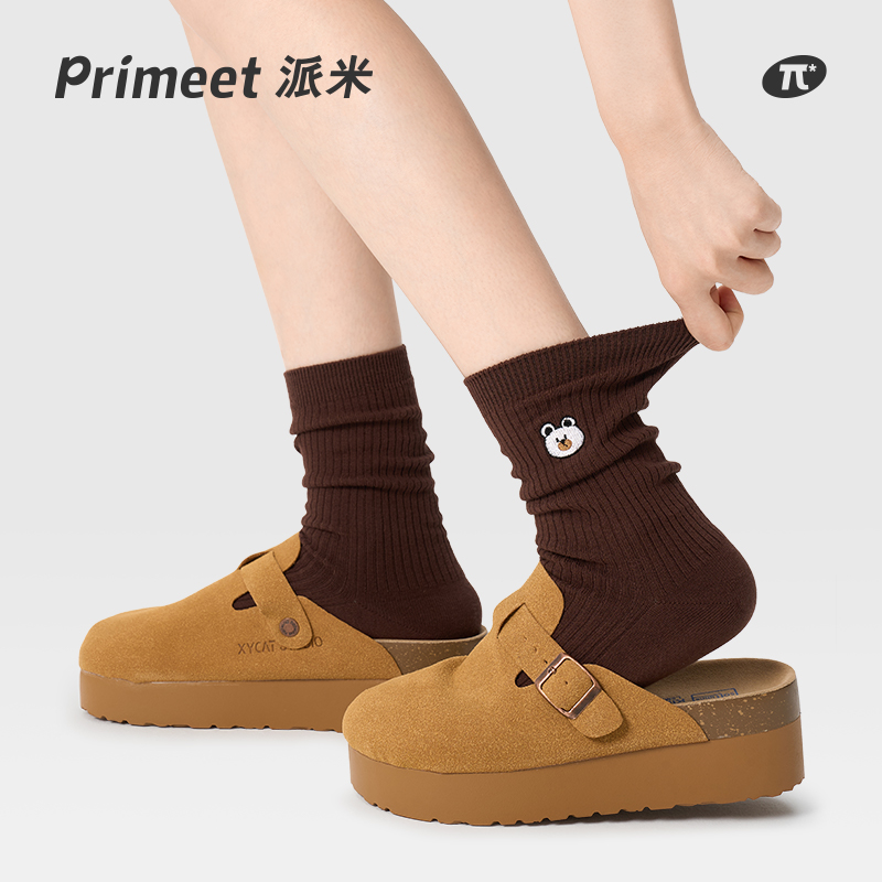 PRIMEET/派米女生咖色刺绣堆堆袜