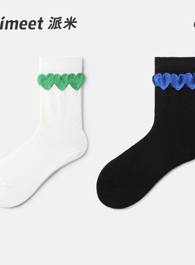 primeet派米小众设计感创意爱心贴布ins潮黑色春夏袜子女中筒袜夏