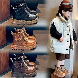 男童女童靴子2025秋冬新款 儿童皮靴短靴软皮马丁靴子 英伦加绒棉鞋