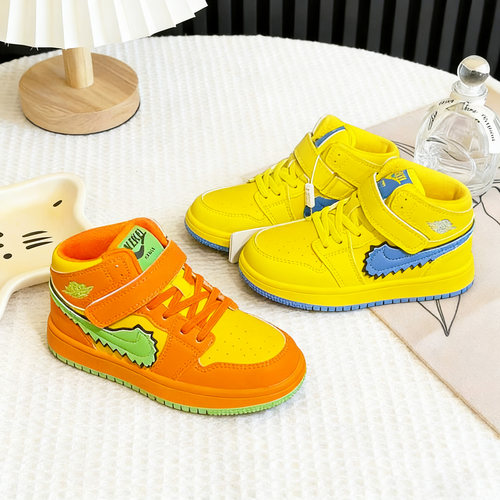 2025新款春秋学生皮面休闲鞋男童高帮板鞋运动鞋女童魔术贴跑步鞋