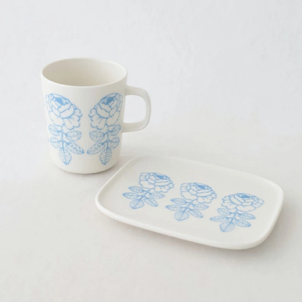 Marimekko Vihkiruusu婚礼玫瑰 浅蓝色素描玫瑰马克杯方盘
