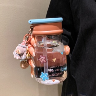 可爱双饮带吸管玻璃杯女高颜值学生上学专用便携2026新款水杯子