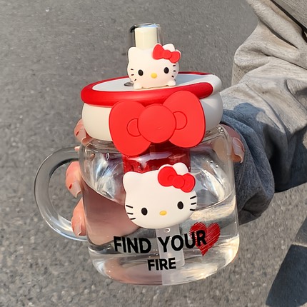 可爱hellokitty水杯女生高颜值带茶仓夏日吸管玻璃杯子2025新款
