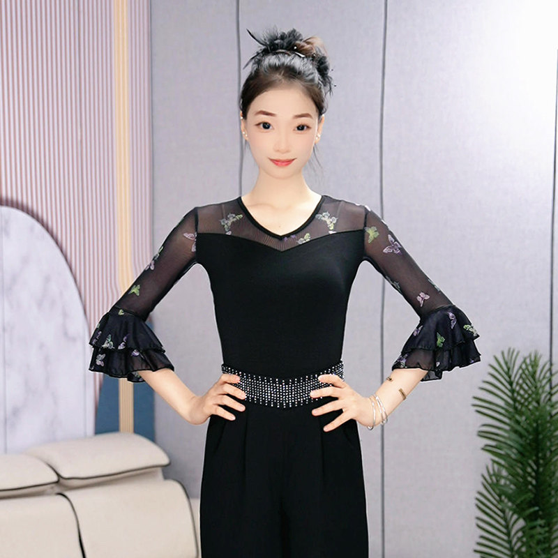 绚悦新款拼接网纱喇叭袖舞蹈服上衣V领显瘦摩登舞国标交谊舞练功