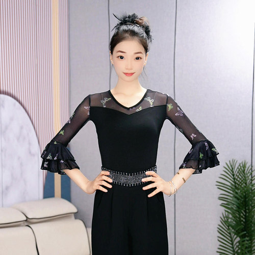 绚悦新款拼接网纱喇叭袖舞蹈服上衣V领显瘦摩登舞国标交谊舞练功