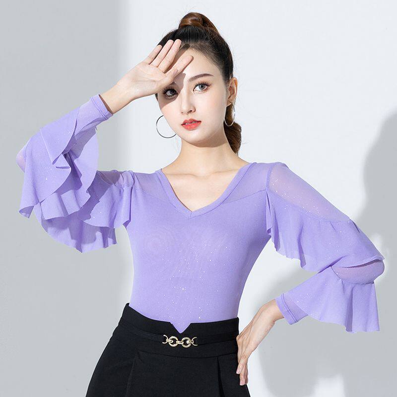 亮片上衣女长袖练功服拉丁舞蹈服时尚连体摩登舞衣显瘦时尚气质女