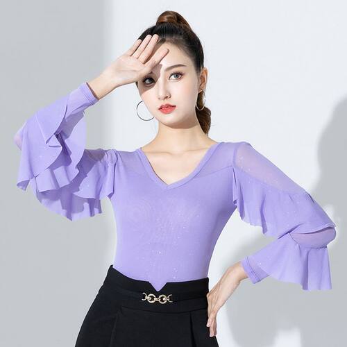 亮片上衣女长袖练功服拉丁舞蹈服时尚连体摩登舞衣显瘦时尚气质女