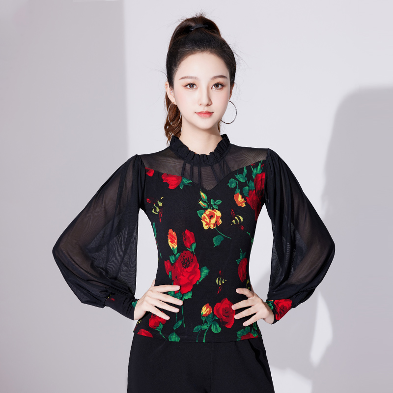 0摩登舞练功服女成人华尔兹跳舞衣玫瑰花色舞蹈上衣拉丁舞洋气服