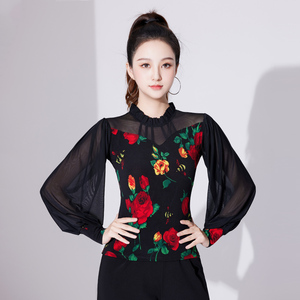 0摩登舞练功服女成人华尔兹跳舞衣玫瑰花色舞蹈上衣拉丁舞洋气服