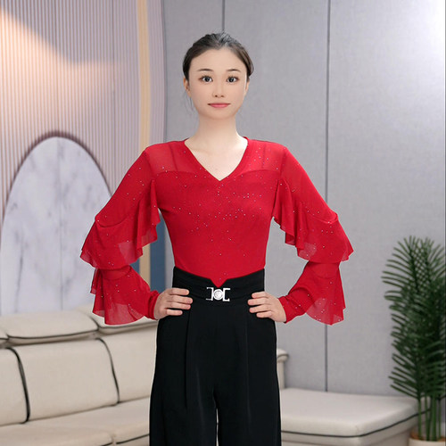新款时尚上衣长袖练功服拉丁舞蹈服时尚连体摩登舞衣显瘦优雅气质