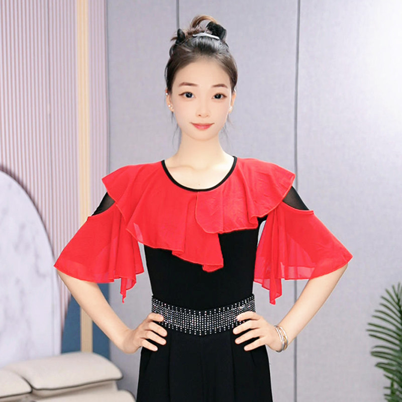 绚悦新款国标舞训练上衣女黑红撞色显瘦荷叶边修身广场跳舞演出服