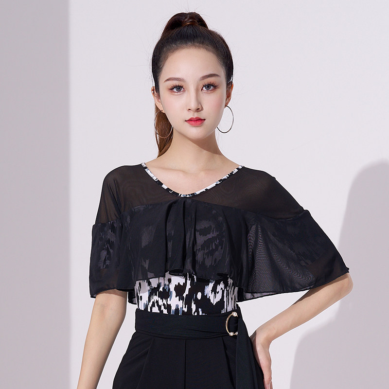 0摩登舞服上衣女士飘逸荷叶边显瘦跳华尔兹舞蹈服夏季短袖碎花