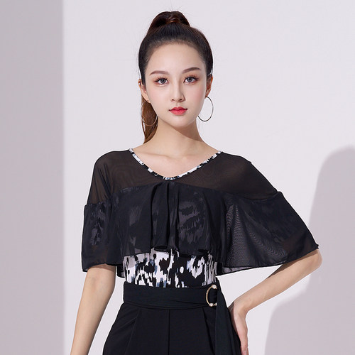 0摩登舞服上衣女士飘逸荷叶边显瘦跳华尔兹舞蹈服夏季短袖碎花