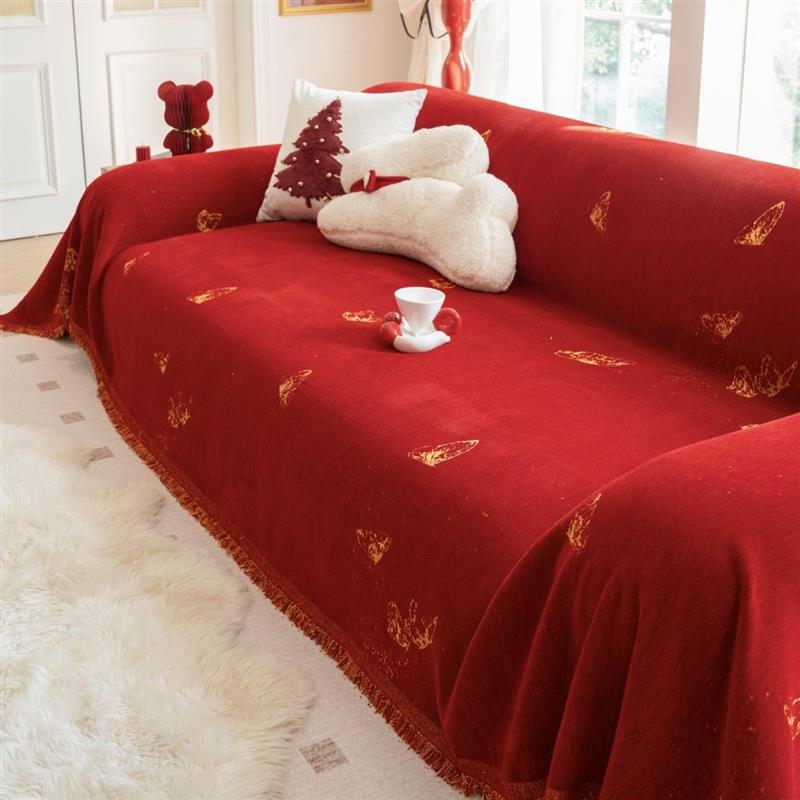 2024新款喜庆沙发巾盖布双面雪尼尔全盖巾防猫抓红色圣诞沙发套罩