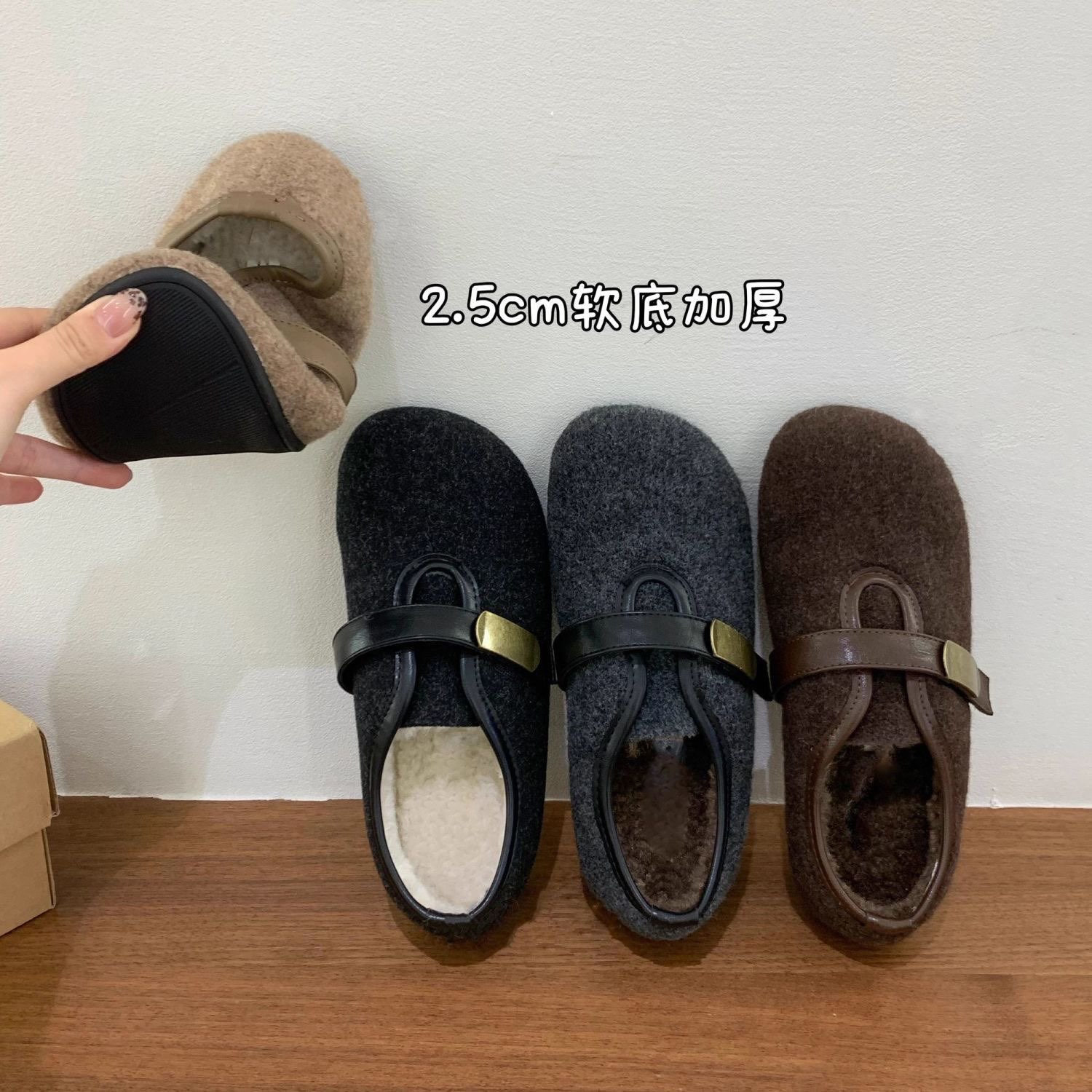 复古圆头毛毡加绒勃肯鞋女加绒秋冬季一脚蹬保暖棉瓢鞋毛呢乐福鞋