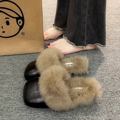 韩版平底毛毛拖鞋女外穿2025秋冬新款加绒保暖懒人一脚蹬包头棉拖