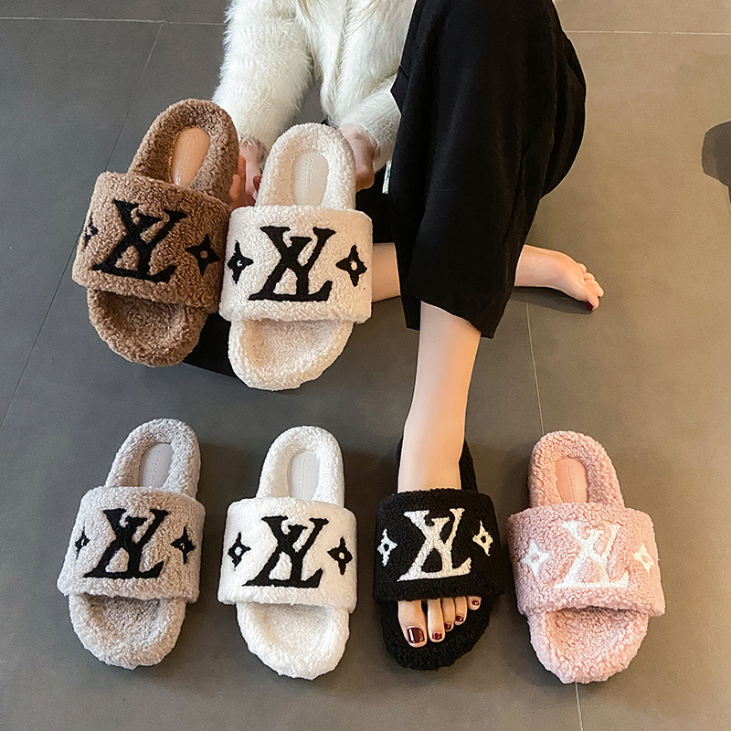 网红同款毛毛拖鞋女外穿2022羊羔毛字母皮毛一体松糕厚底一字拖秋