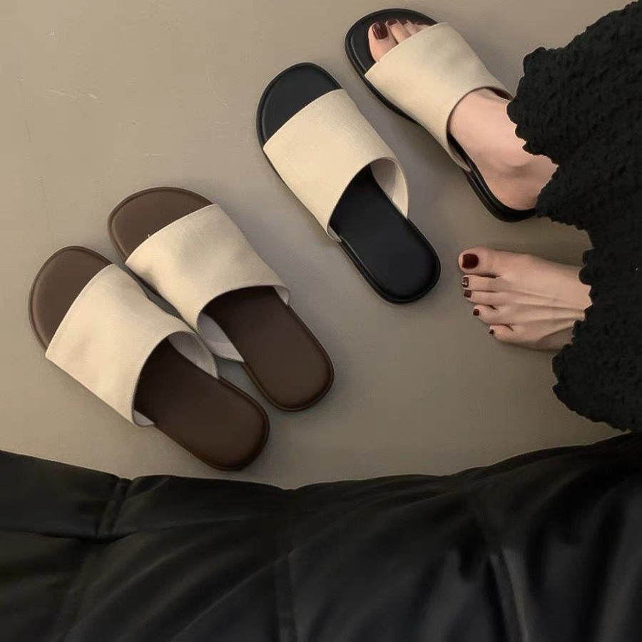 布面平底露趾一字拖鞋女鞋子夏季外穿年懒人舒适软底沙滩凉拖凉鞋