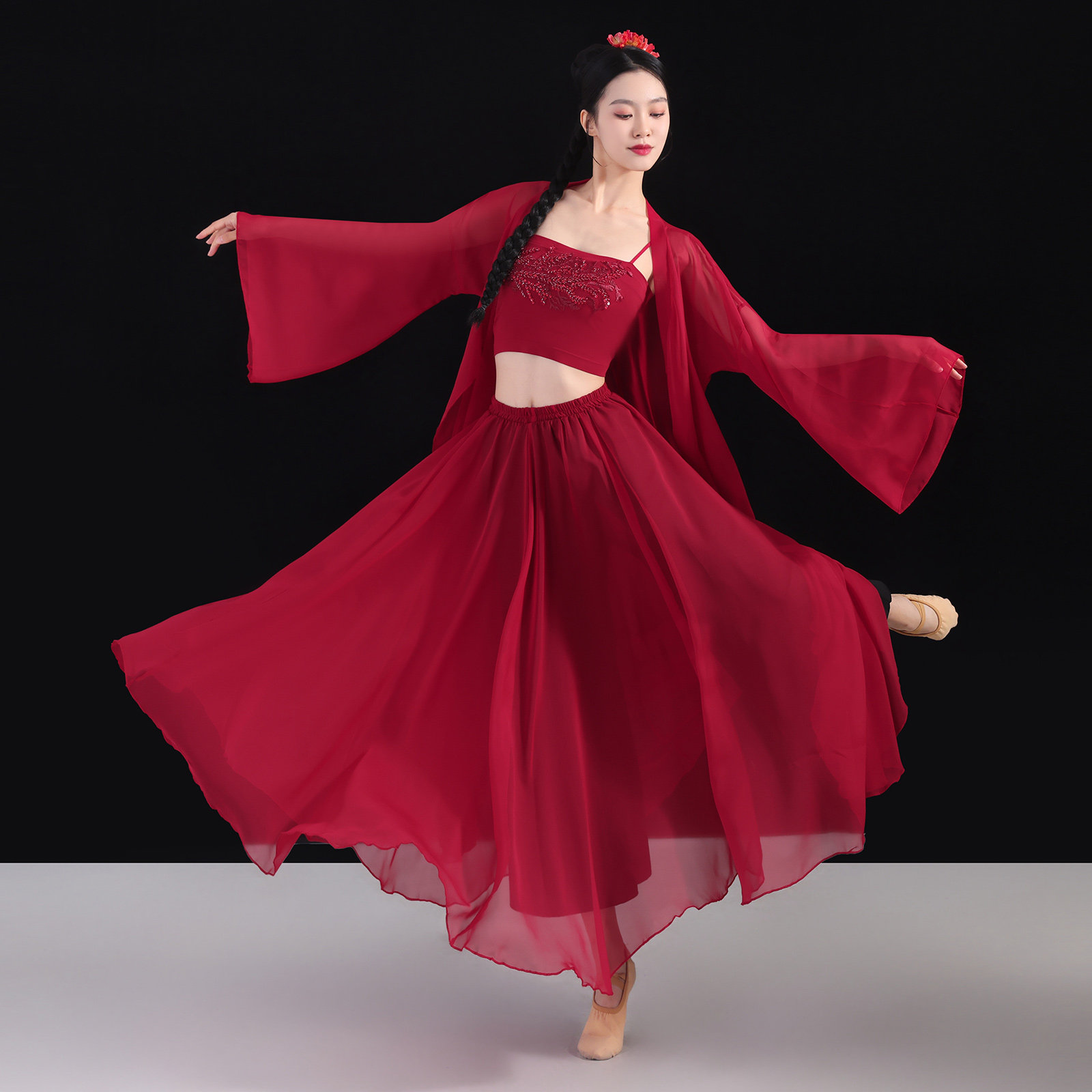 红颜旧舞蹈演出服红色大梦归古典舞舞蹈服中国风飘逸大摆裙演出服