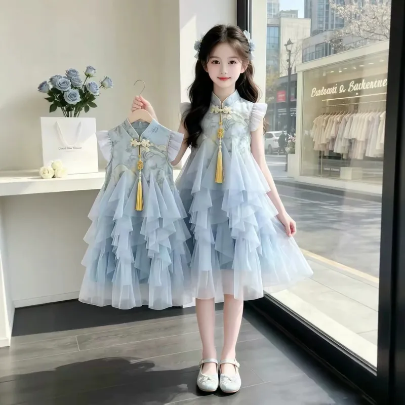 女童旗袍连衣裙2026夏装新款洋气国风蓬蓬纱裙儿童演出礼服公主裙