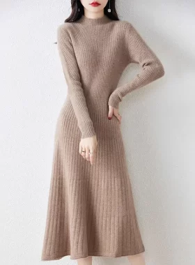 秋冬新款女装修身显瘦中长款百搭打底毛衣长裙半高领针织连衣裙