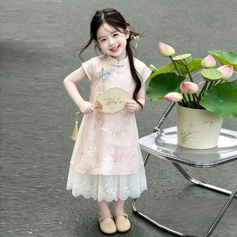 2026夏季新款女童旗袍裙儿童连衣裙海棠香蕾丝中式国风裙子