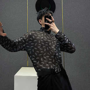 美式 潮 复古高领t恤男生字母印花透气内搭防晒衣高级感冰丝打底衫