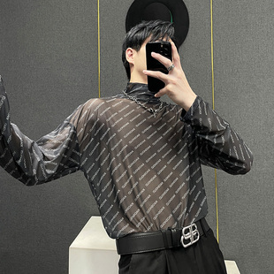 小众字母印花透气内搭男高级感冰丝打底衫 美式 复古高领t恤男夏季