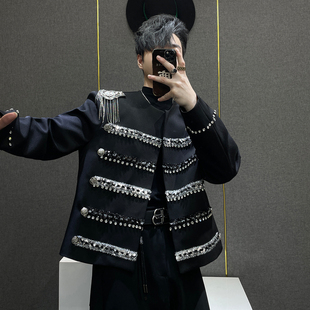 鹿鹿 男潮流宽松宫廷风闪亮演出服外套 小众轻奢重工水钻黑色西装