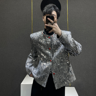 轻奢高端气质外套 高级感亮片夹克男小香风圆领红扣短款 鹿鹿 秋季