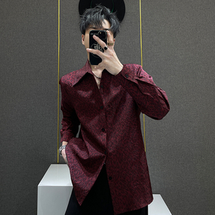 ins大领垫肩长袖 男士 印花衬衣百搭上衣潮 褶皱设计感豹纹衬衫 鹿鹿