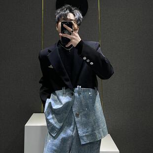 设计感搭配阔腿长裤 男新款 两件套潮 套装 小众烫钻设计牛仔拼接西装