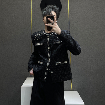 小香风镶钻黑色夹克男痞帅潮牌