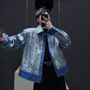 蓝色牛仔外套男ins设计感重工破洞亮片个性宽松垫肩短款夹克男生
