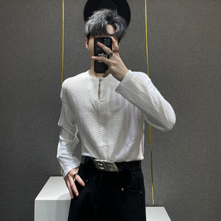 T恤男士 烫金镂空长袖 夏季 新款 男 鹿鹿 高级感透气打底衫 小众设计款