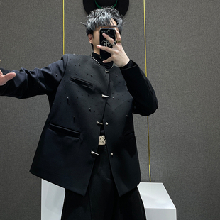 外套 小众立领西服夹克金属扣垫肩西装 鹿鹿 高级感痞帅国风中山装