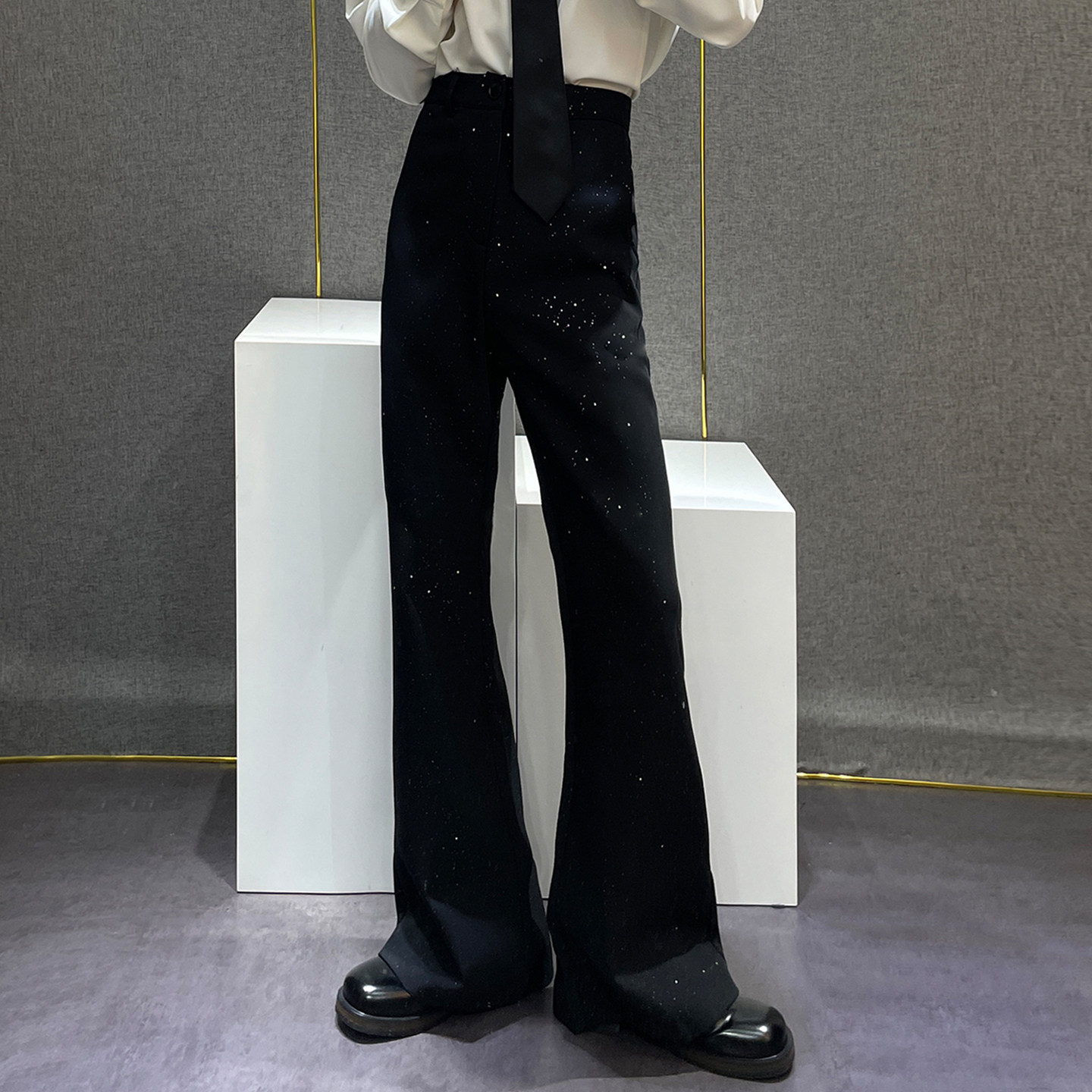 鹿鹿/小众细闪亮片满天星黑色西裤男士垂坠感高级感直筒微喇叭裤,男装,西裤,淘宝优惠券,粉丝福利购,淘宝优惠卷